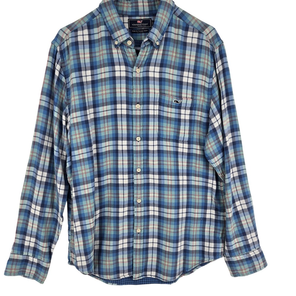 Vineyard Vines Shirt Mens Large Blue Green‎ Plaid Slim Fit Tucker Long Sleeve